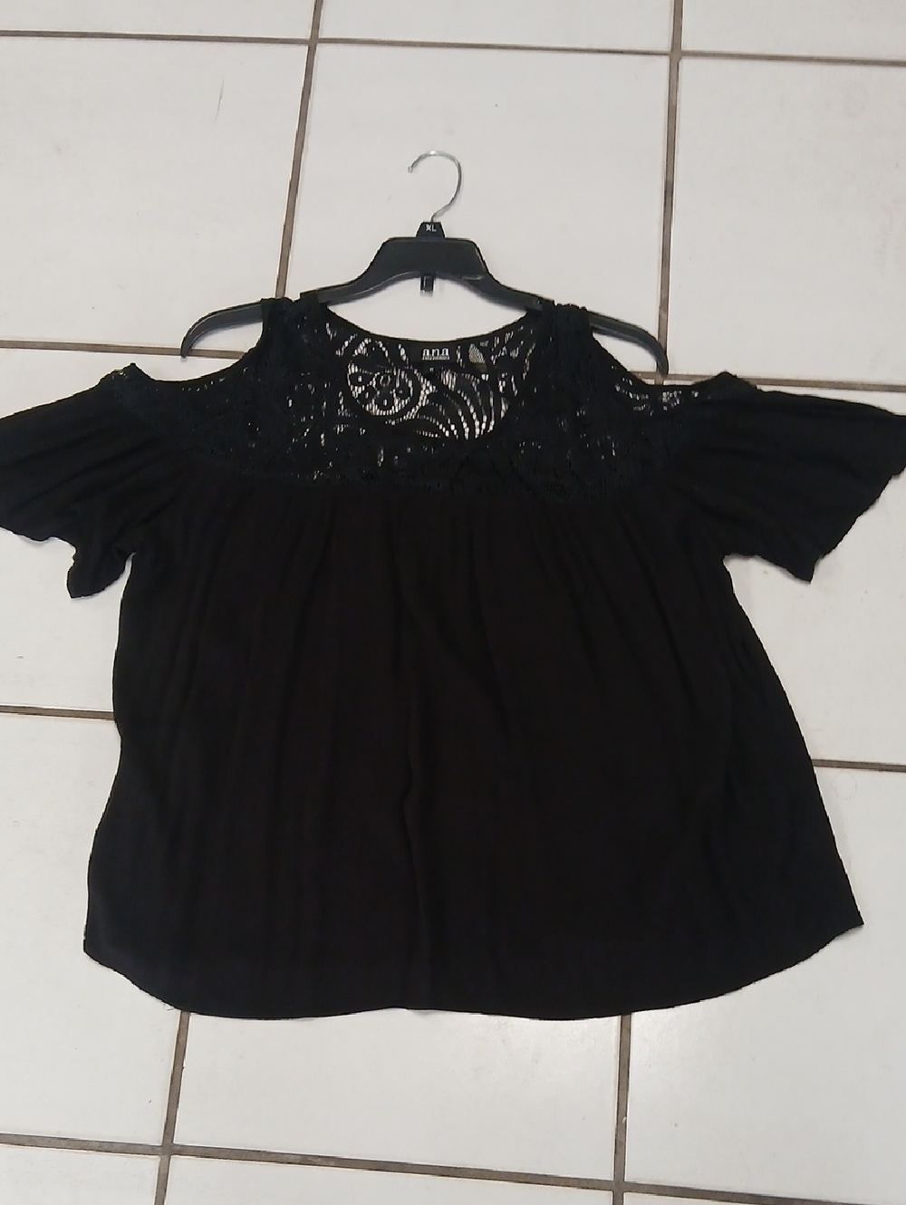 A.N.A Black Cold-Shoulder Lace Yoke Top